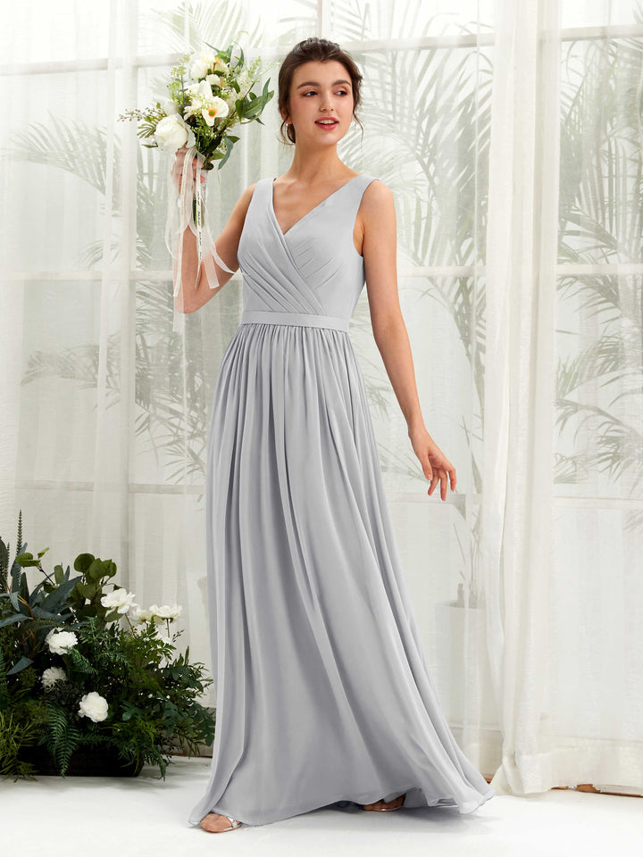 Silver Bridesmaid Dresses Bridesmaid Dress A-line Chiffon V-neck Full Length Sleeveless Wedding Party Dress (81223627)