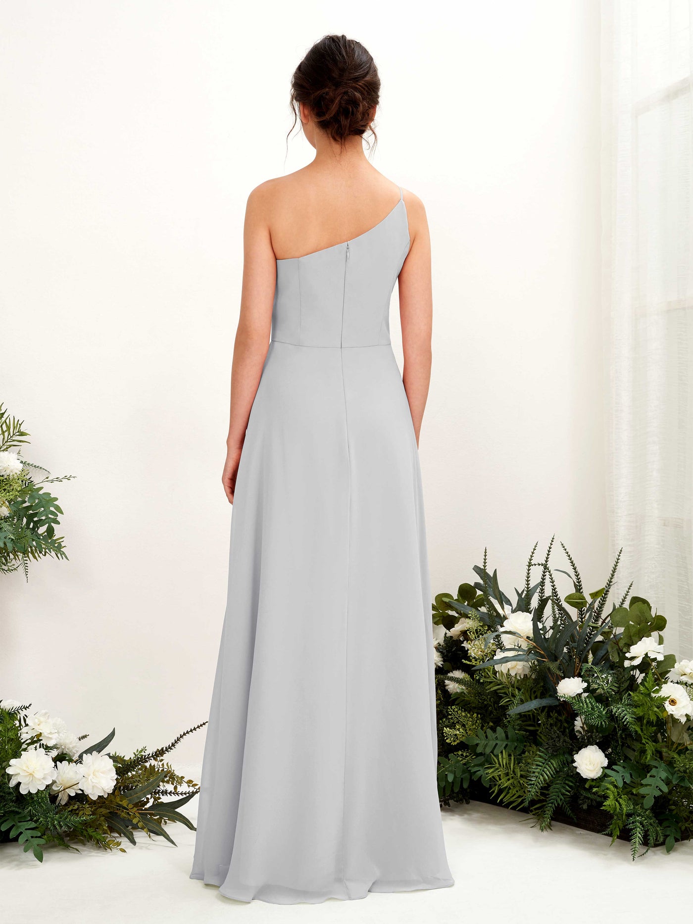 Silver Bridesmaid Dresses Bridesmaid Dress A-line Chiffon One Shoulder Full Length Sleeveless Wedding Party Dress (81225727)#color_silver