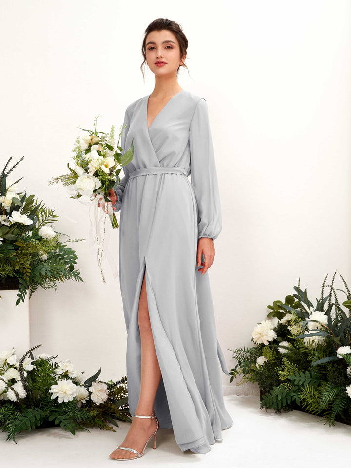Silver Bridesmaid Dresses Bridesmaid Dress A-line Chiffon V-neck Full Length Long Sleeves Wedding Party Dress (81223227)
