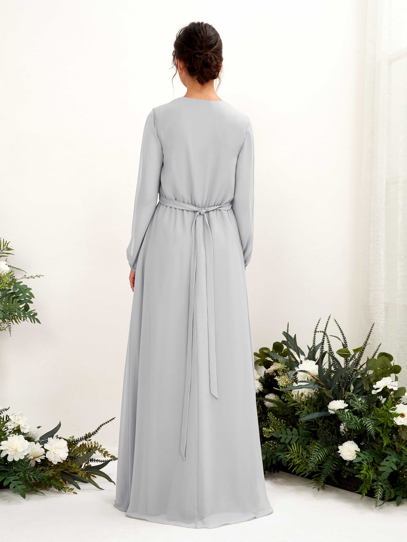Silver Bridesmaid Dresses Bridesmaid Dress A-line Chiffon V-neck Full Length Long Sleeves Wedding Party Dress (81223227)#color_silver