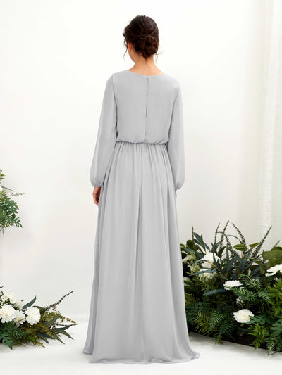 Carlyna Ginny A-Line Silver Bridesmaid Dress Maxi Long Sleeve V-Neck Back View #color_silver