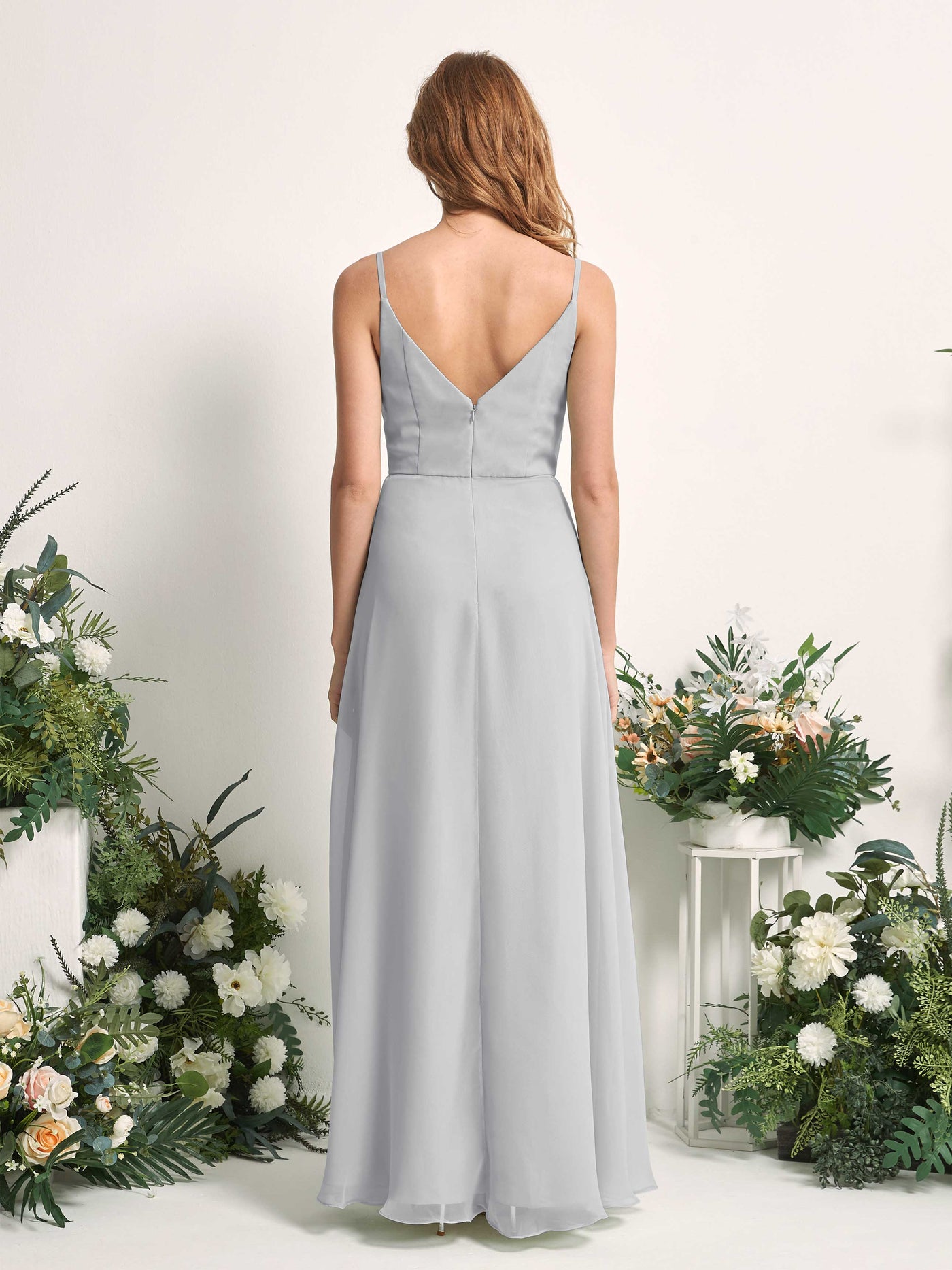 Bridesmaid Dress A-line Chiffon Spaghetti-straps Full Length Sleeveless Wedding Party Dress - Silver (81227227)#color_silver