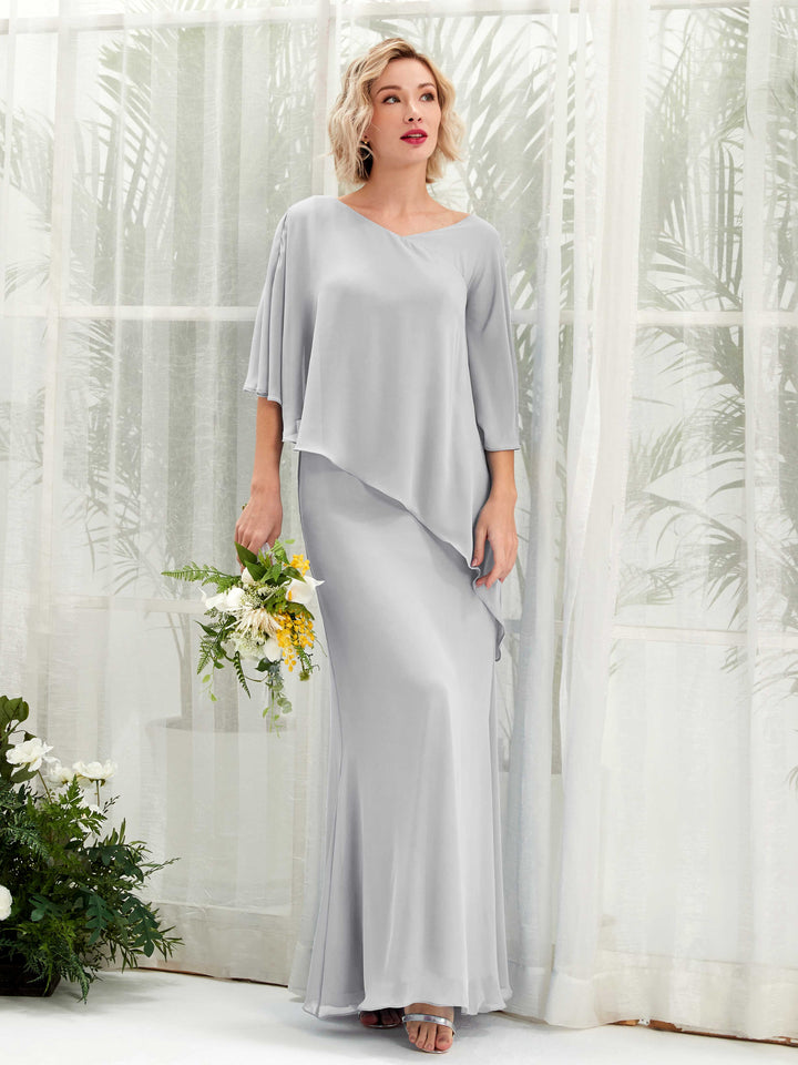 Silver Bridesmaid Dresses Bridesmaid Dress Bohemian Chiffon V-neck Full Length 3/4 Sleeves Wedding Party Dress (81222527)