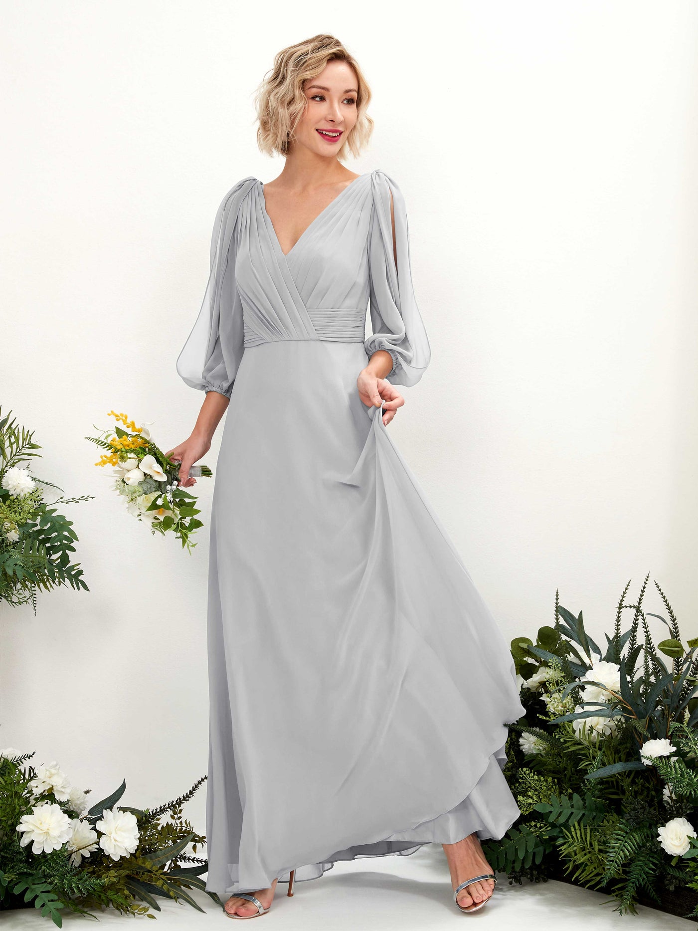 Steel Gray Chiffon V-Neck Bridesmaid Dress A-Line Floor-Length | Carlyna Steel Gray Chiffon V-Neck Bridesmaid Dress A-Line Floor-Length | Carlyna