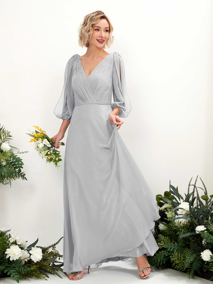 Silver Bridesmaid Dresses Bridesmaid Dress Chiffon V-neck Full Length Long Sleeves Wedding Party Dress (81223527)