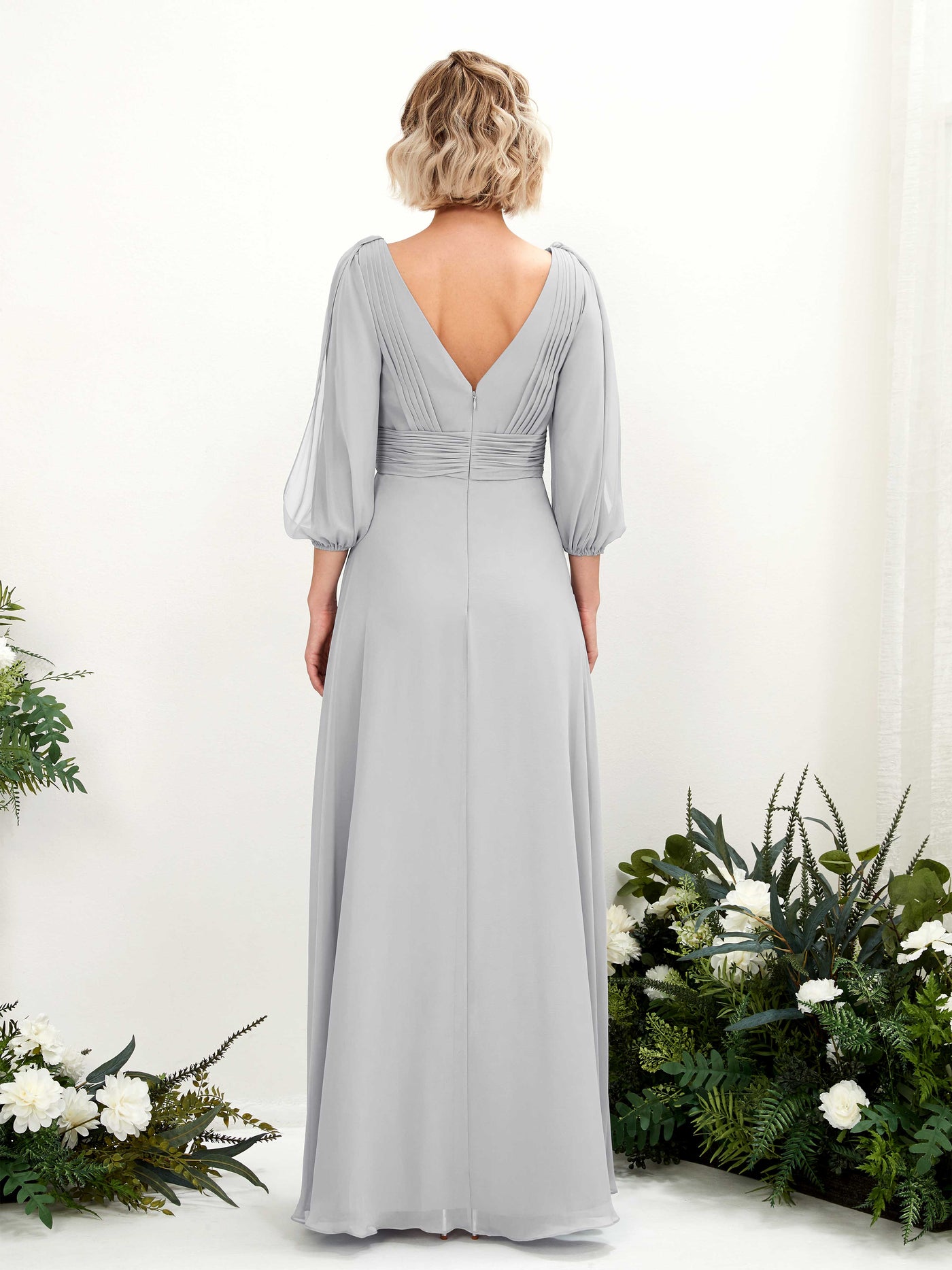 Silver Bridesmaid Dresses Bridesmaid Dress Chiffon V-neck Full Length Long Sleeves Wedding Party Dress (81223527)#color_silver