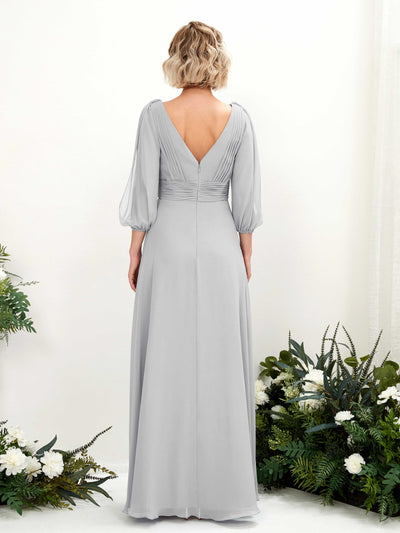 Carlyna Antonia A-Line Silver Bridesmaid Dress Maxi Three Quarter Sleeve V-Neck Dress Back View #color_silver