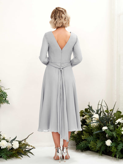 Carlyna Joanna A-Line Silver Bridesmaid Dress Midi Long Sleeve V-Neck Back View #color_silver