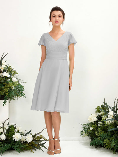 Carlyna Betty A-Line Silver Bridesmaid Dress Knee-Length Short Sleeve V-Neck Dress Front View #color_silver