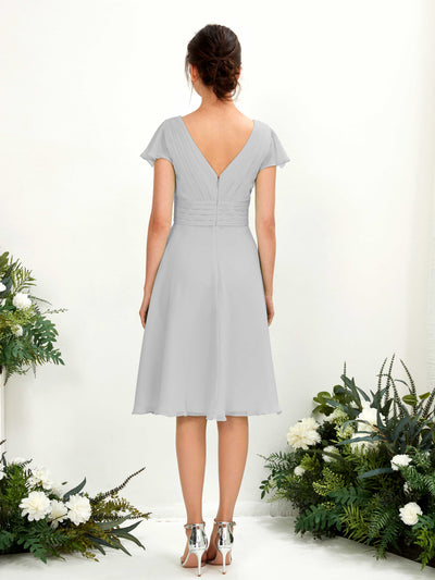 Carlyna Betty A-Line Silver Bridesmaid Dress Knee-Length Short Sleeve V-Neck Dress Back View #color_silver