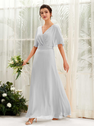Silver Bridesmaid Dresses Bridesmaid Dress A-line Chiffon V-neck Full Length Short Sleeves Wedding Party Dress (81222427)#color_silver