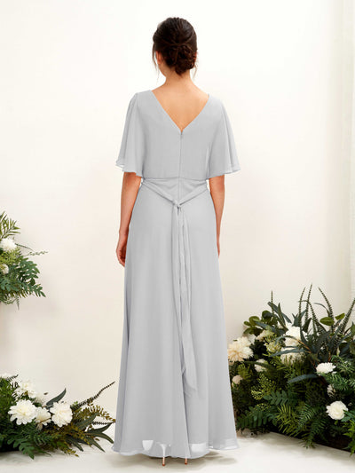 Carlyna Merta A-Line Silver Bridesmaid Dress Maxi Short Sleeve V-Neck Dress Back View #color_silver