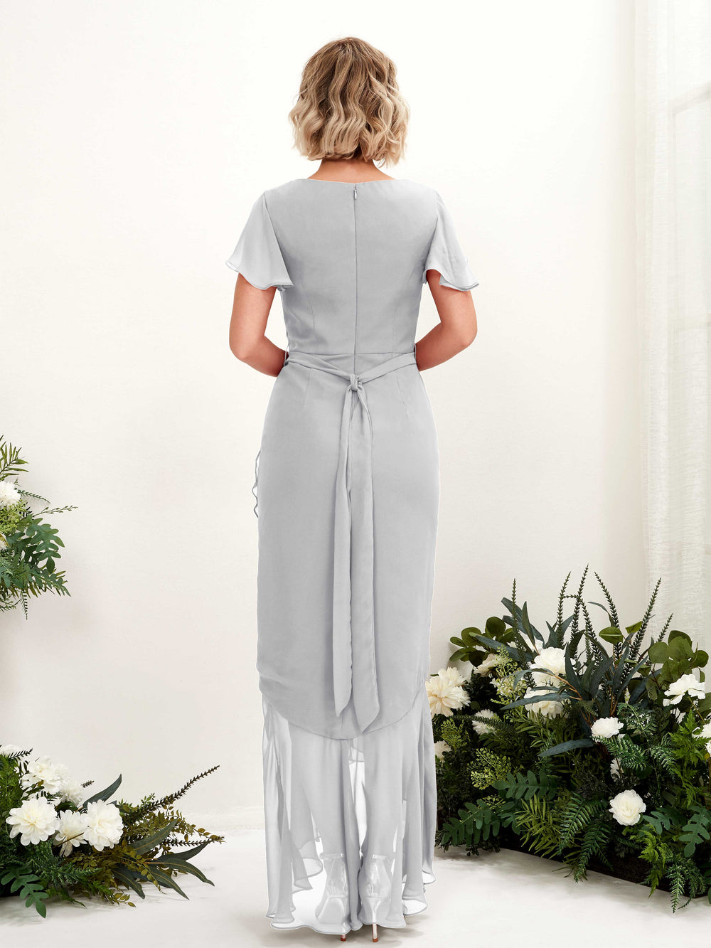 silver bridesmaid dresses with sleeves Silver Chiffon A-line Lace Appliqued Bridesmaid Dresses With Slit, MBD246 main image 0