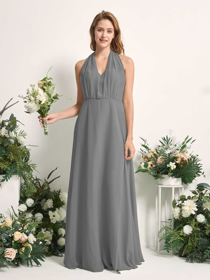 Steel Gray Bridesmaid Dresses Bridesmaid Dress A-line Chiffon Halter Full Length Short Sleeves Wedding Party Dress (81226320)