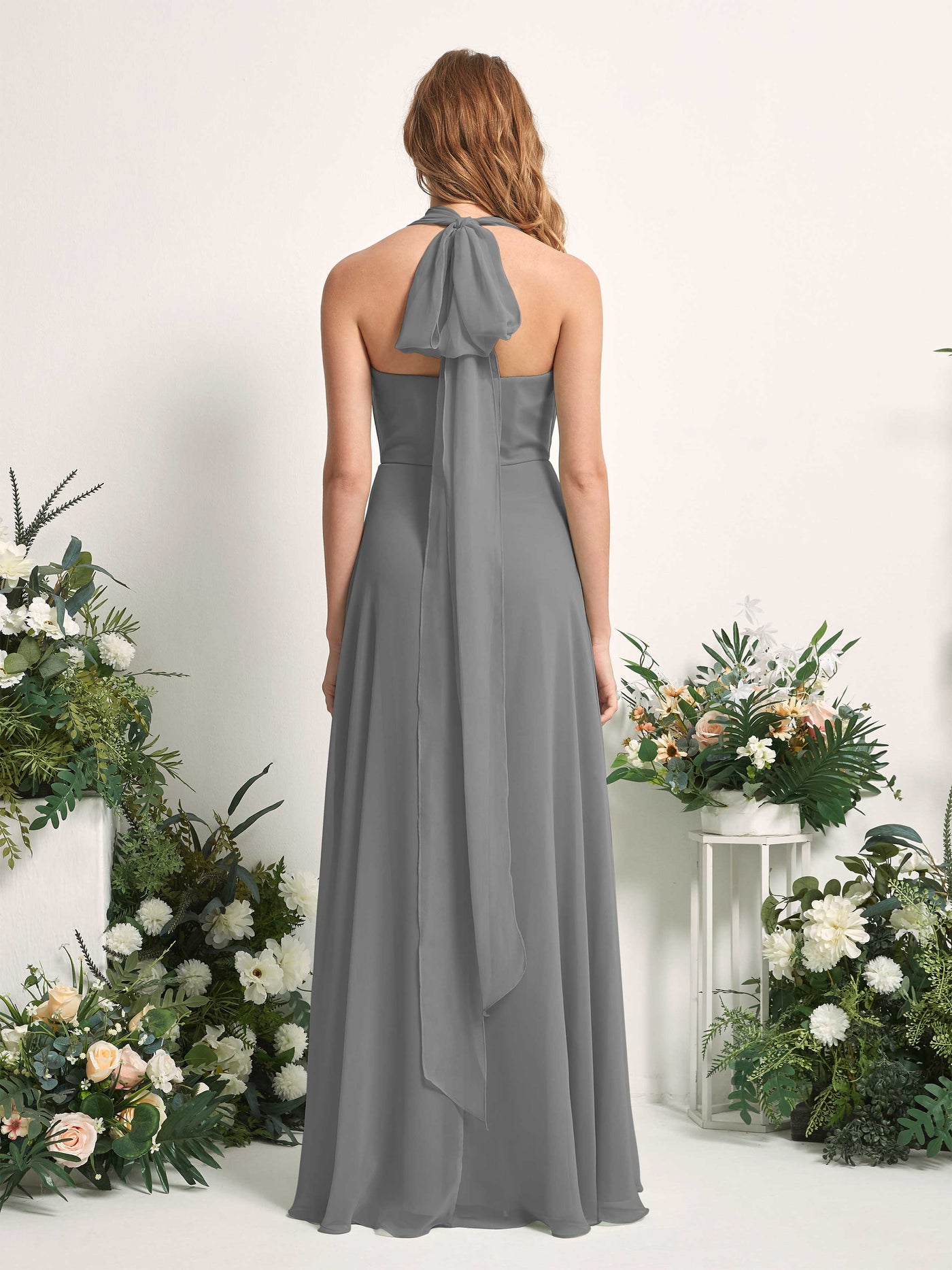 Steel Gray Bridesmaid Dresses Bridesmaid Dress A-line Chiffon Halter Full Length Short Sleeves Wedding Party Dress (81226320)#color_steel-gray
