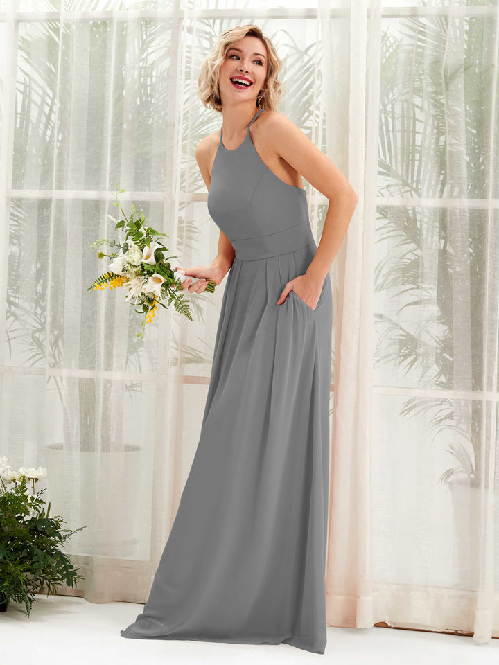 Steel Gray Bridesmaid Dresses Bridesmaid Dress A-line Chiffon Halter Full Length Sleeveless Wedding Party Dress (81225220)
