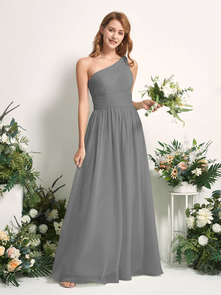 Bridesmaid Dress A-line Chiffon One Shoulder Full Length Sleeveless Wedding Party Dress - Steel Gray (81226720)