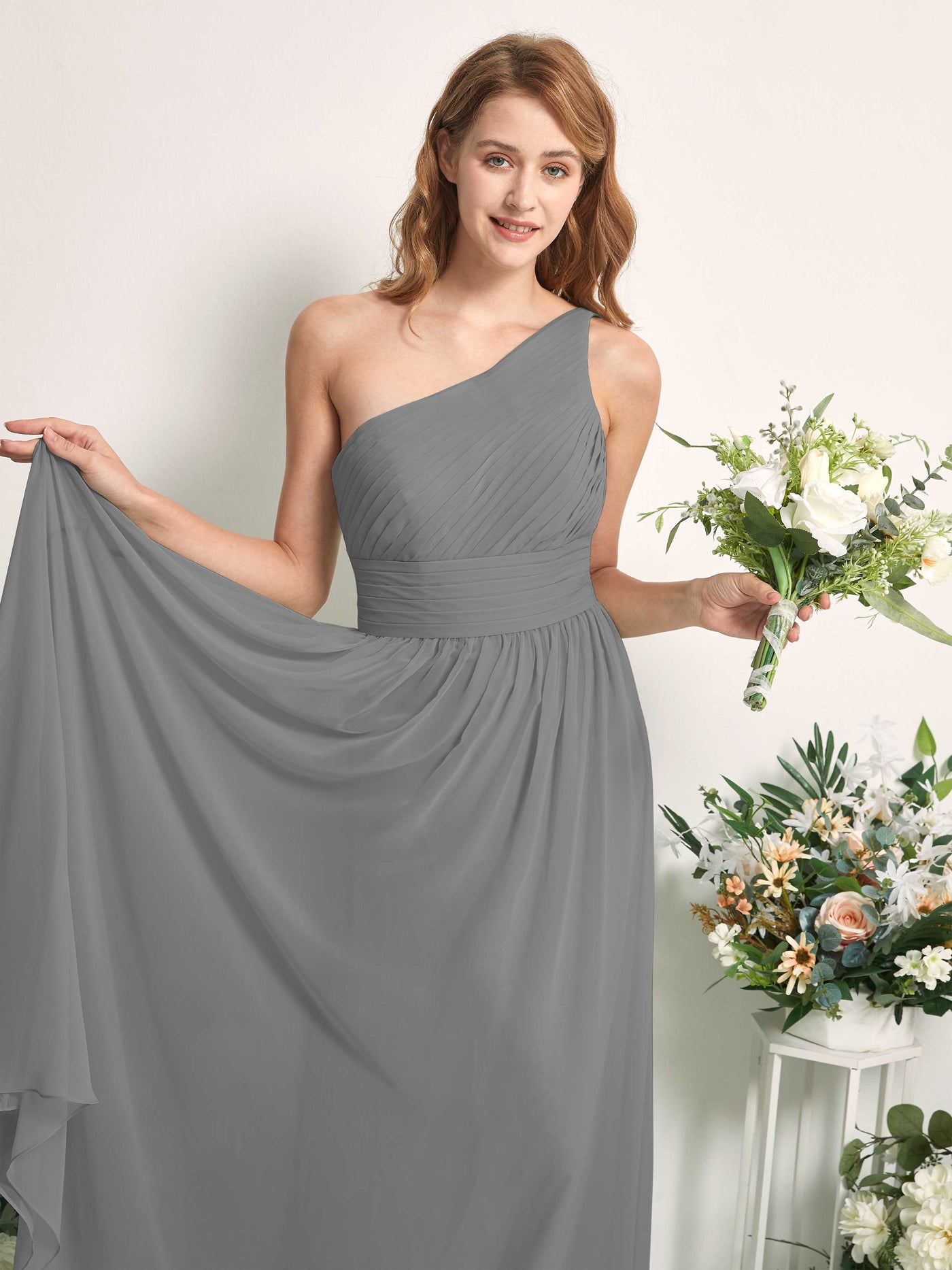 Bridesmaid Dress A-line Chiffon One Shoulder Full Length Sleeveless Wedding Party Dress - Steel Gray (81226720)#color_steel-gray