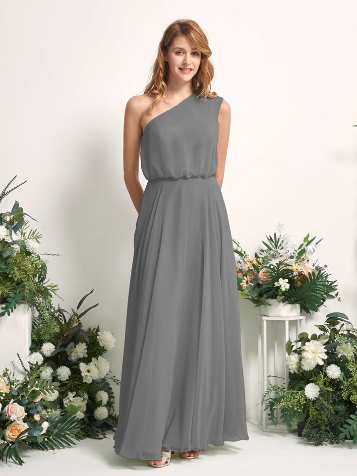 Bridesmaid Dress A-line Chiffon One Shoulder Full Length Sleeveless Wedding Party Dress - Steel Gray (81226820)
