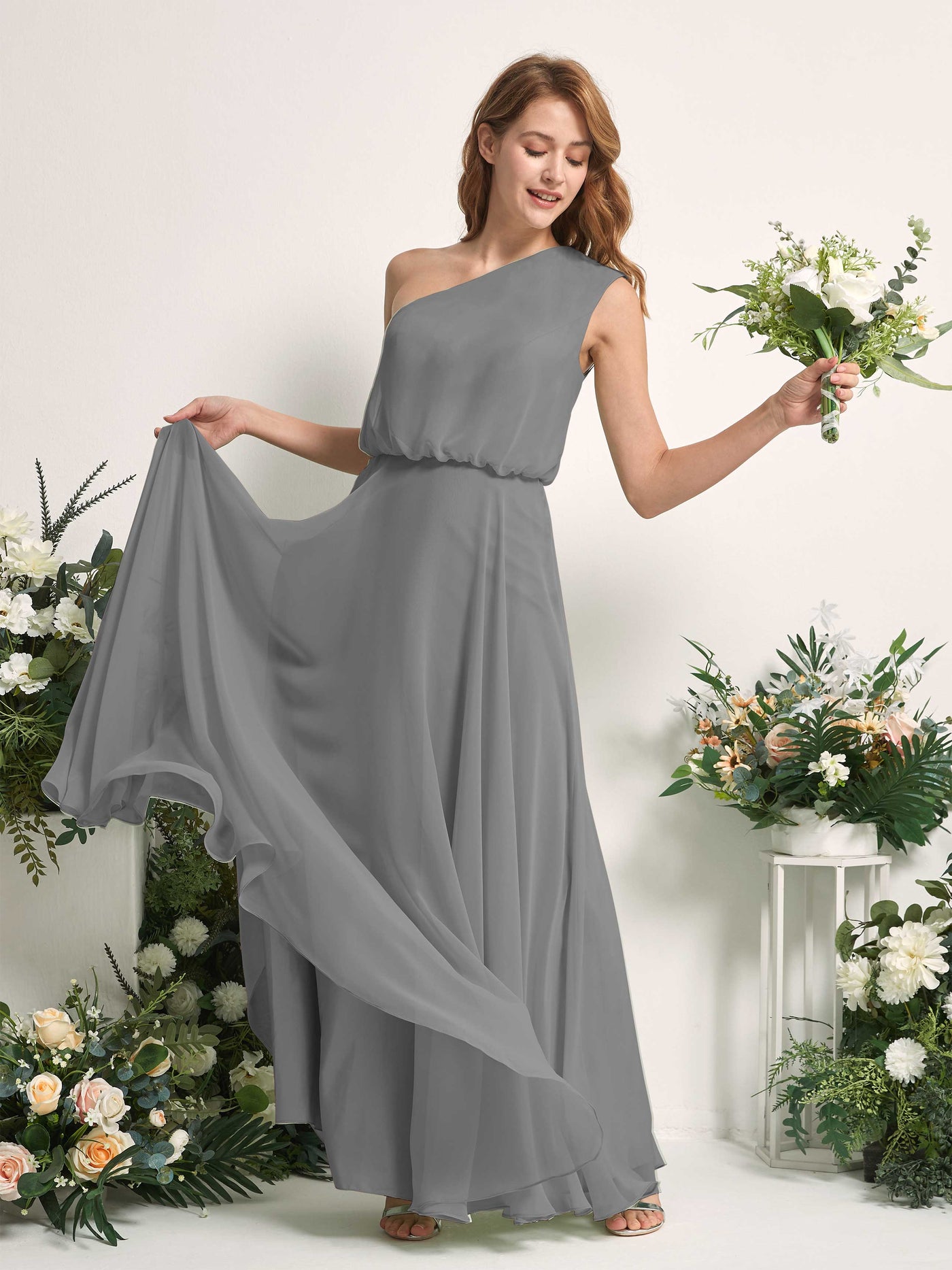 Bridesmaid Dress A-line Chiffon One Shoulder Full Length Sleeveless Wedding Party Dress - Steel Gray (81226820)#color_steel-gray