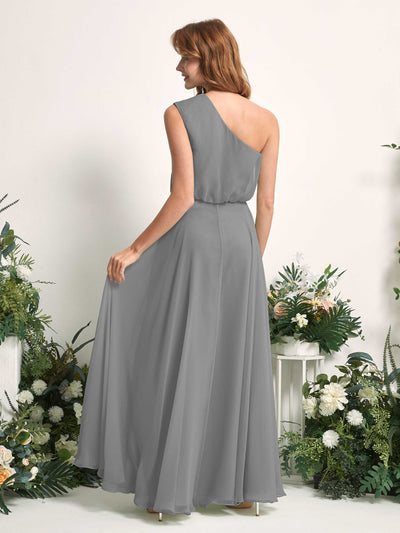 Carlyna Cecily A-Line Steel Gray Bridesmaid Dress Maxi Sleeveless One Shoulder Dress Back View #color_steel-gray