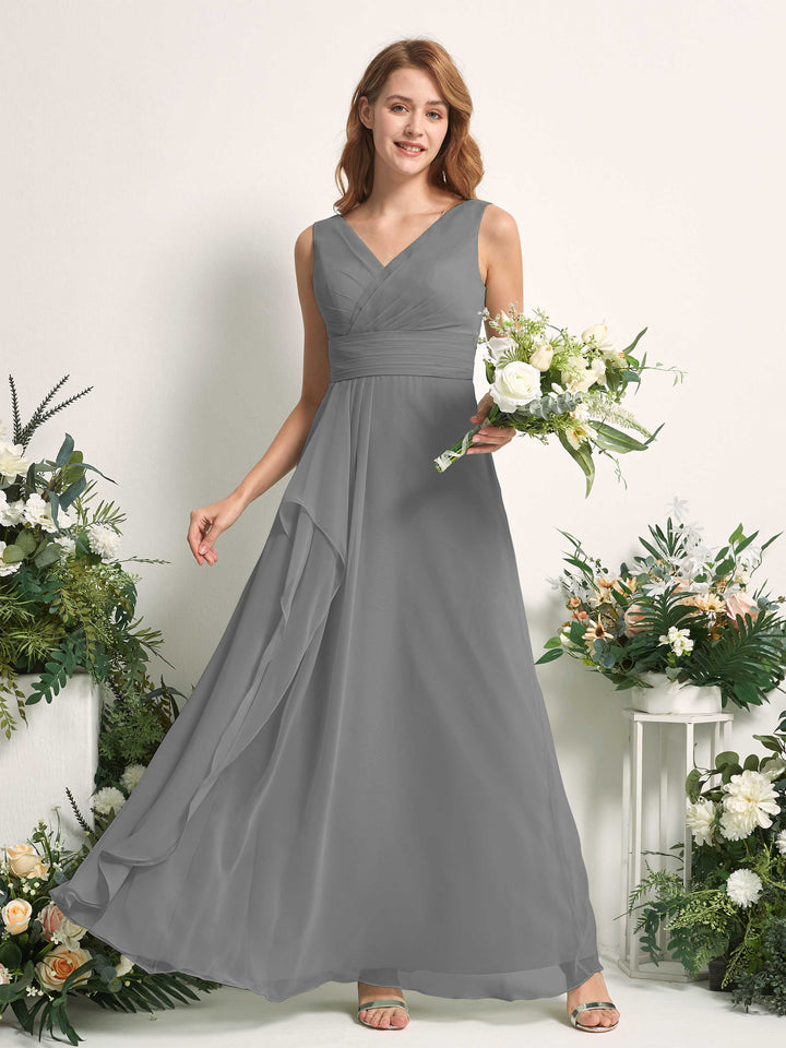 Bridesmaid Dress A-line Chiffon V-neck Full Length Sleeveless Wedding Party Dress - Steel Gray (81227120)