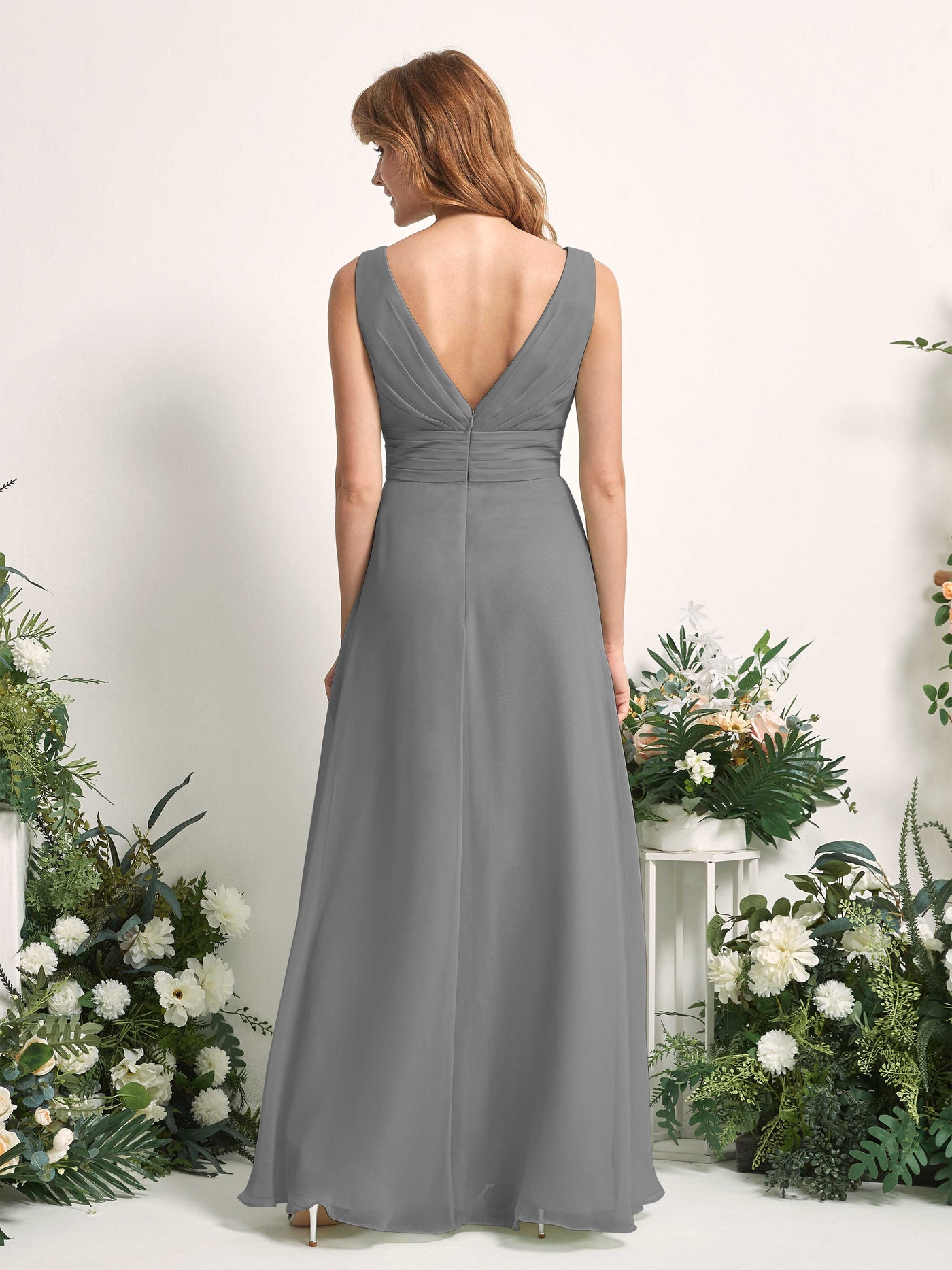 Bridesmaid Dress A-line Chiffon V-neck Full Length Sleeveless Wedding Party Dress - Steel Gray (81227120)#color_steel-gray