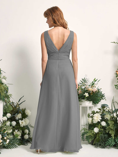 Carlyna Mollie A-Line Steel Gray Bridesmaid Dress Maxi Sleeveless V-Neck Dress Back View #color_steel-gray