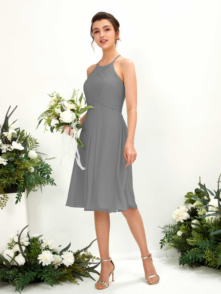 Steel Gray Bridesmaid Dresses Bridesmaid Dress A-line Chiffon Halter Knee Length Sleeveless Wedding Party Dress (81220420)