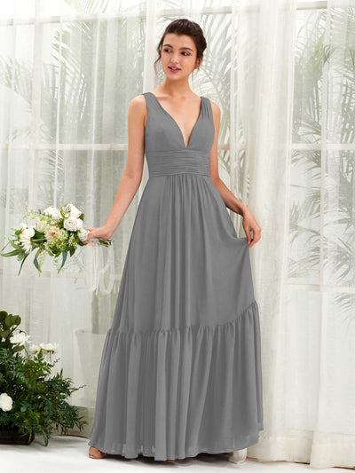 Carlyna Alissa A-Line Steel Gray Bridesmaid Dress Maxi Sleeveless V-Neck Dress Front View #color_steel-gray