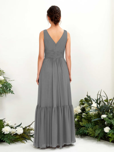 Carlyna Alissa A-Line Steel Gray Bridesmaid Dress Maxi Sleeveless V-Neck Dress Back View #color_steel-gray