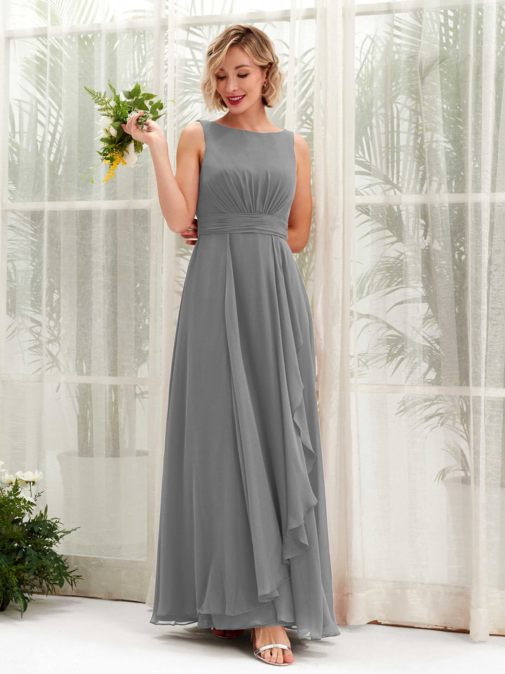 Steel Gray Bridesmaid Dresses Bridesmaid Dress A-line Chiffon Bateau Full Length Sleeveless Wedding Party Dress (81225820)