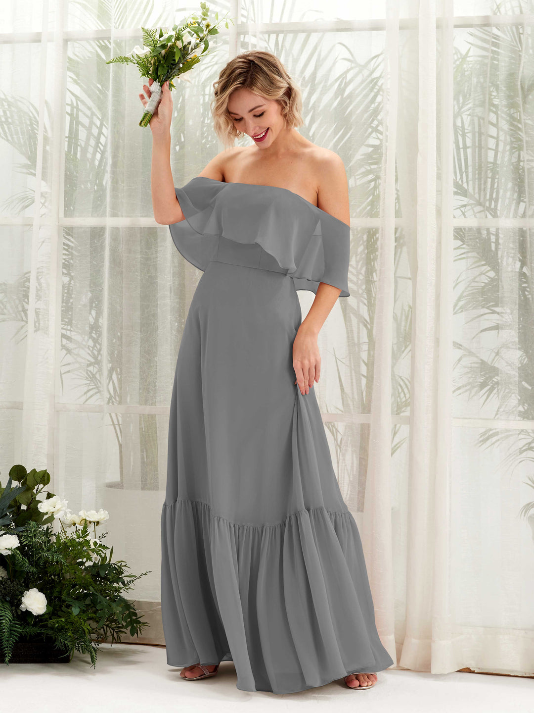 Tiffany Chiffon Bridesmaid Dress A-Line Maxi Off-the-Shoulder