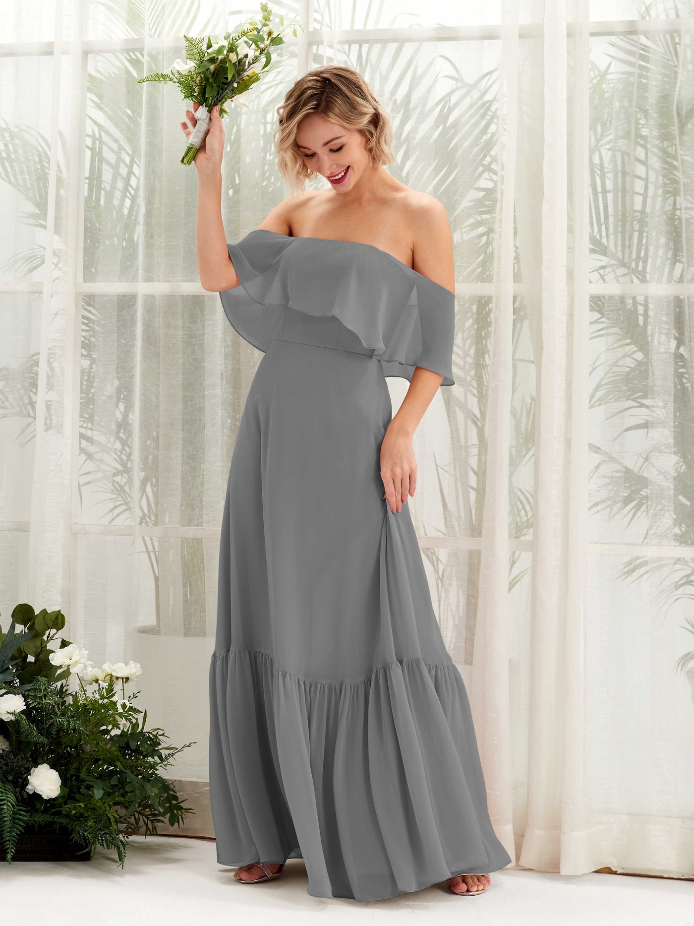 Steel Gray Bridesmaid Dresses Bridesmaid Dress A-line Chiffon Off Shoulder Full Length Sleeveless Wedding Party Dress (81224520)#color_steel-gray