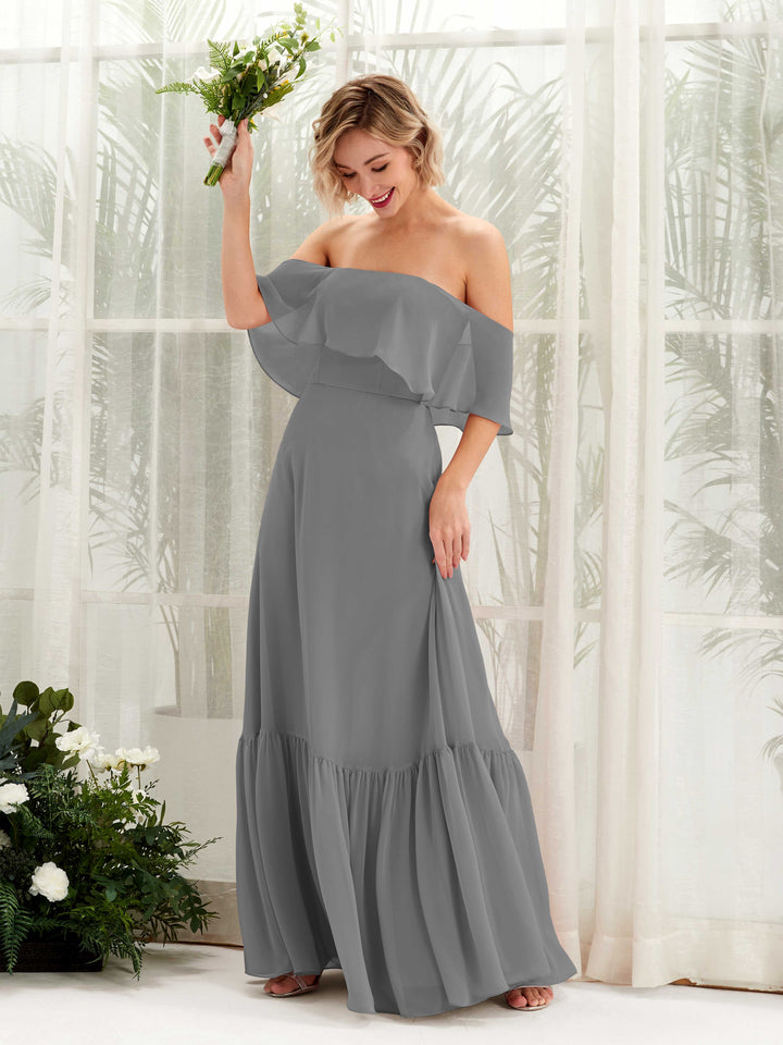 Steel Gray Bridesmaid Dresses Bridesmaid Dress A-line Chiffon Off Shoulder Full Length Sleeveless Wedding Party Dress (81224520)