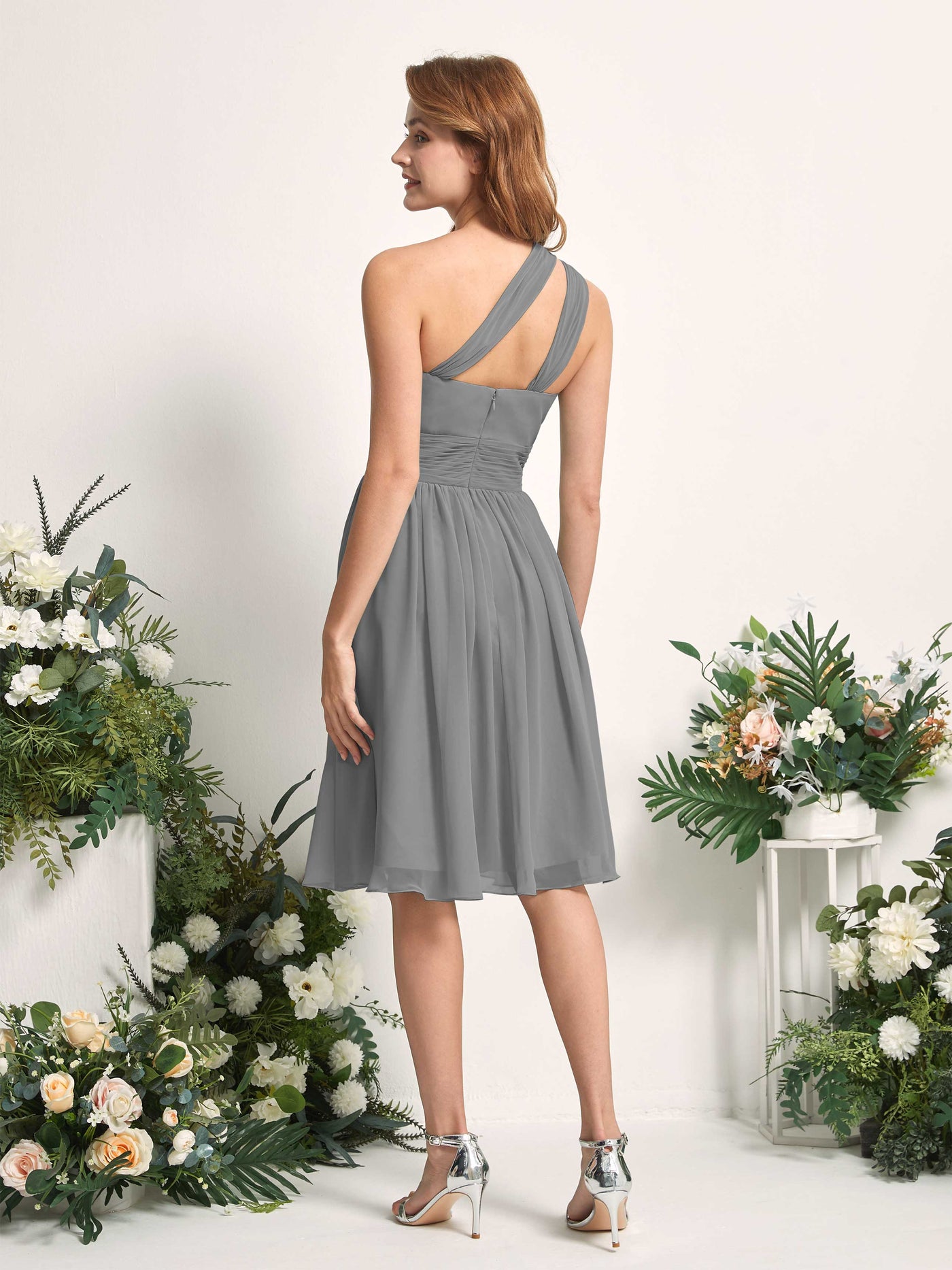 Bridesmaid Dress A-line Chiffon One Shoulder Knee Length Sleeveless Wedding Party Dress - Steel Gray (81221220)#color_steel-gray