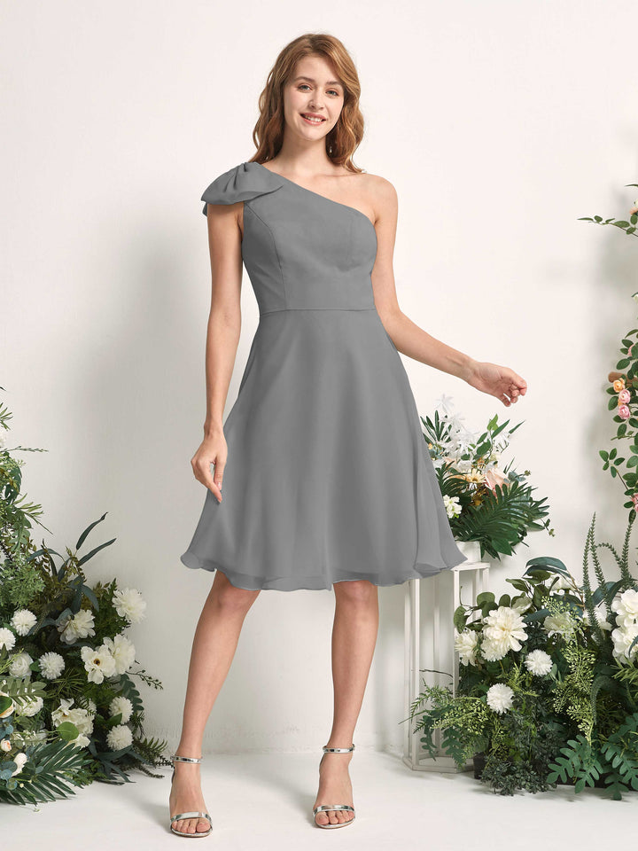 Bridesmaid Dress A-line Chiffon One Shoulder Knee Length Sleeveless Wedding Party Dress - Steel Gray (81227020)