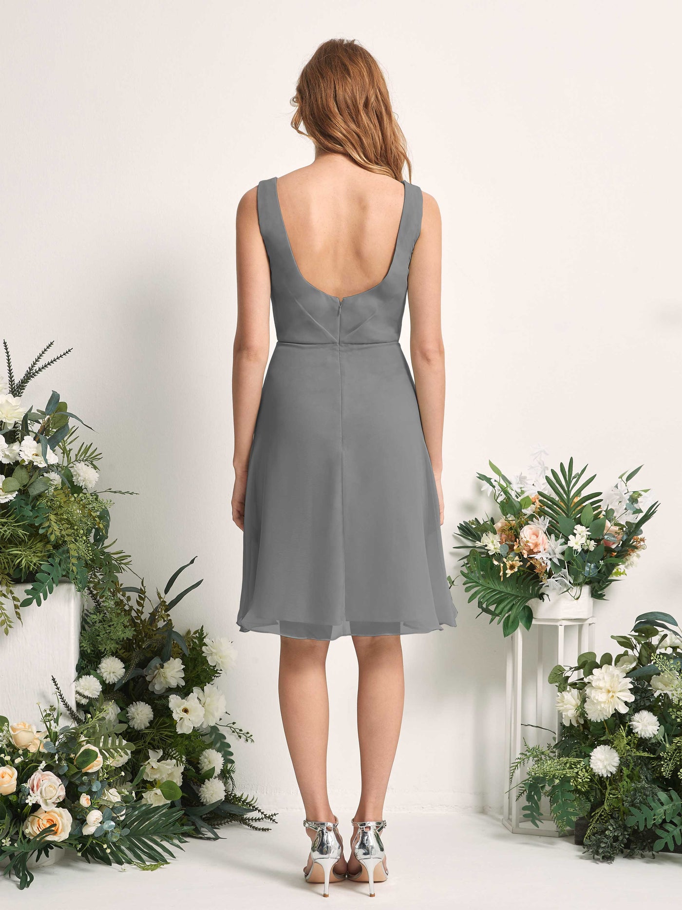 Bridesmaid Dress A-line Chiffon Straps Knee Length Sleeveless Wedding Party Dress - Steel Gray (81226620)#color_steel-gray