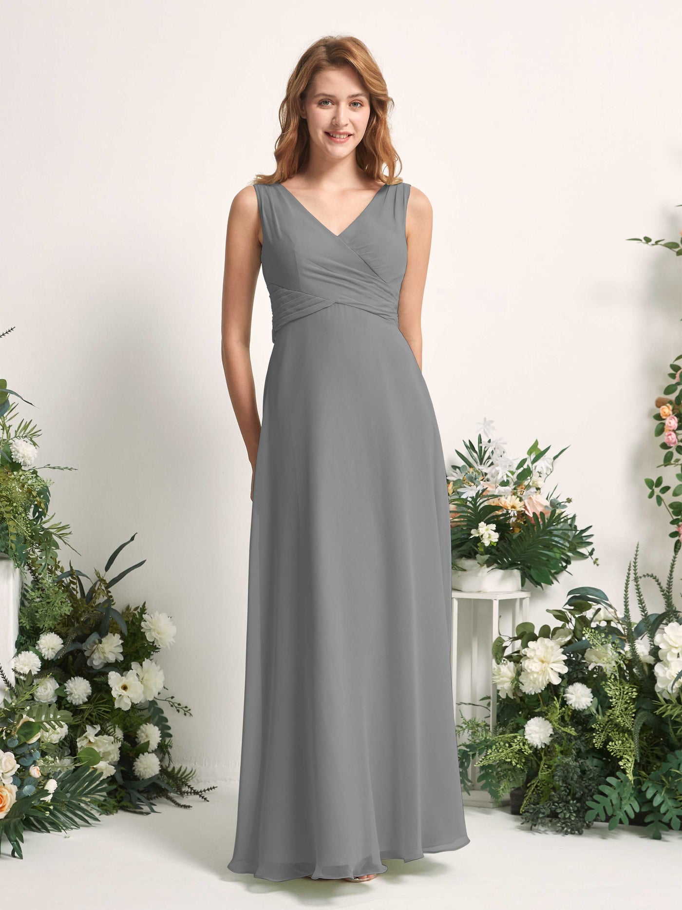 Bridesmaid Dress A-line Chiffon Straps Full Length Sleeveless Wedding Party Dress - Steel Gray (81227320)#color_steel-gray