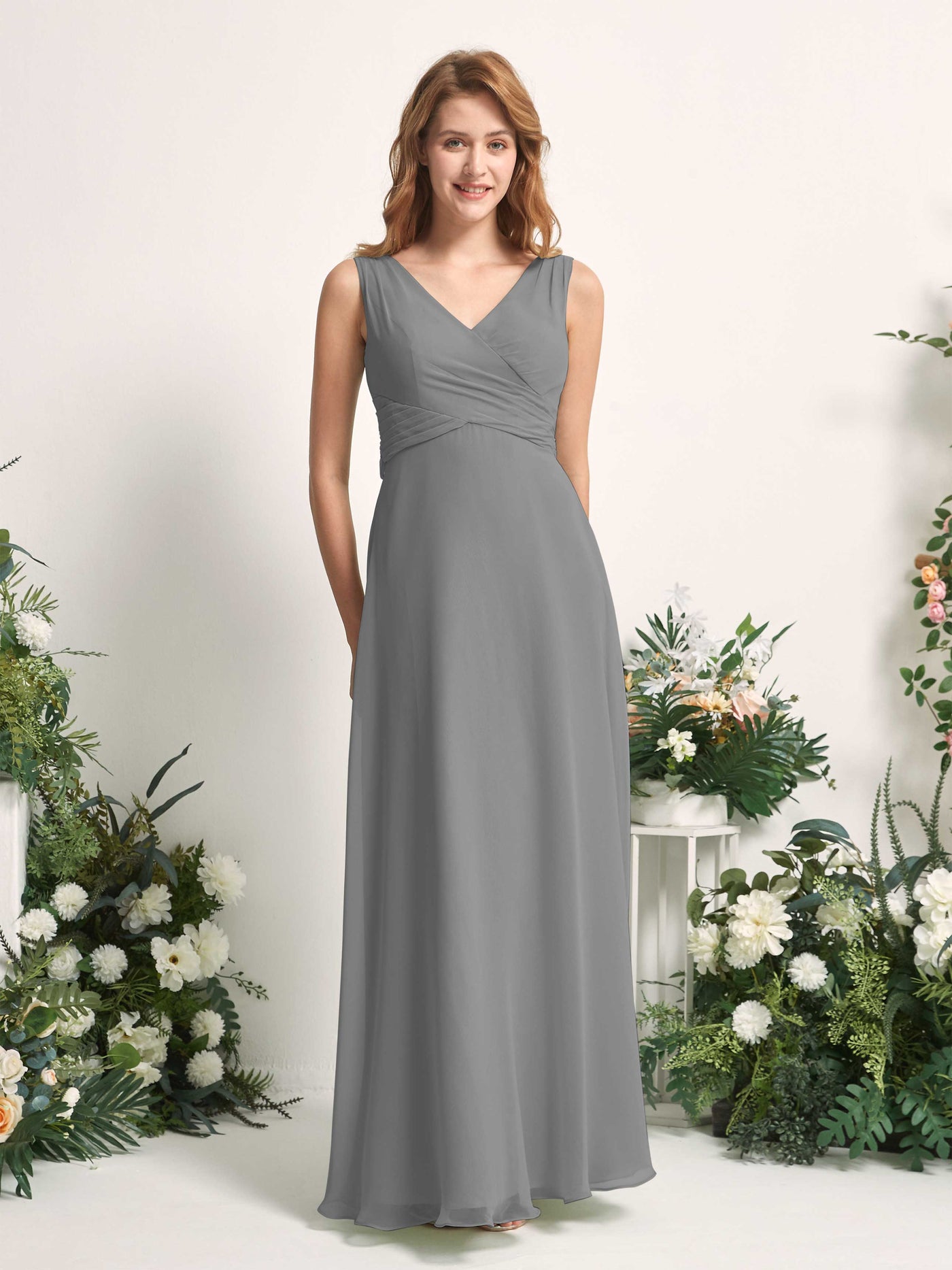 Ivory Chiffon V-Neck Bridesmaid Dress A-Line Floor-Length