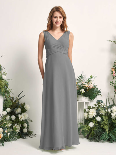 Carlyna June A-Line Steel Gray Bridesmaid Dress Maxi Sleeveless V-Neck Dress Front View #color_steel-gray