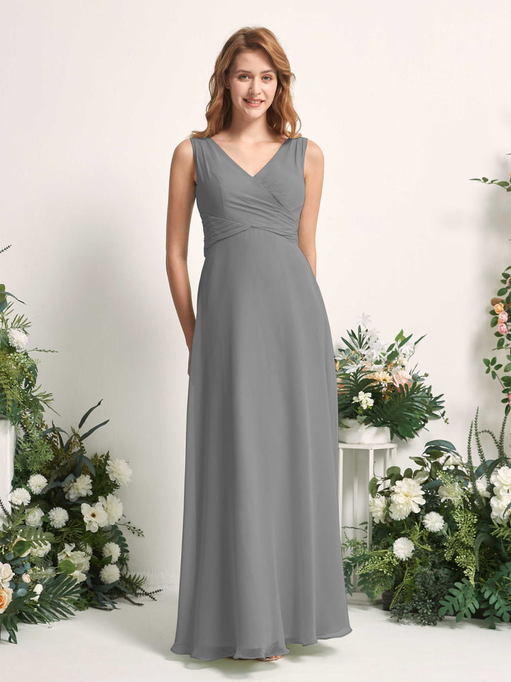 Bridesmaid Dress A-line Chiffon Straps Full Length Sleeveless Wedding Party Dress - Steel Gray (81227320)