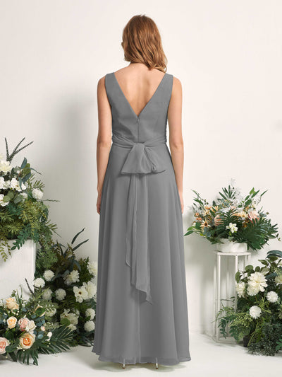 Carlyna June A-Line Steel Gray Bridesmaid Dress Maxi Sleeveless V-Neck Dress Back View #color_steel-gray