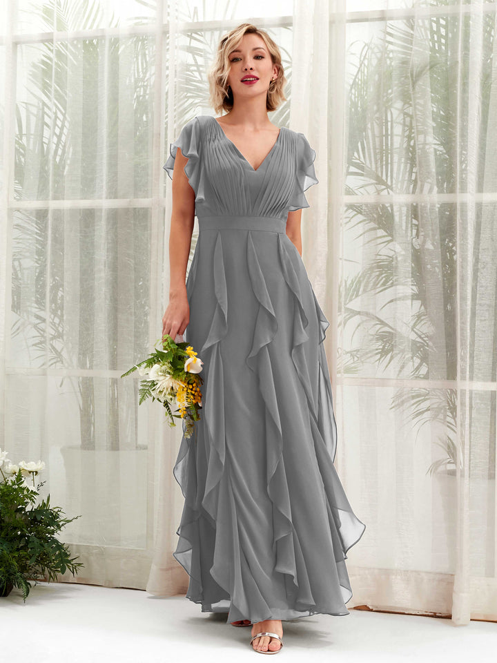 A-line Open back V-neck Short Sleeves Chiffon Bridesmaid Dress - Steel Gray (81226020)