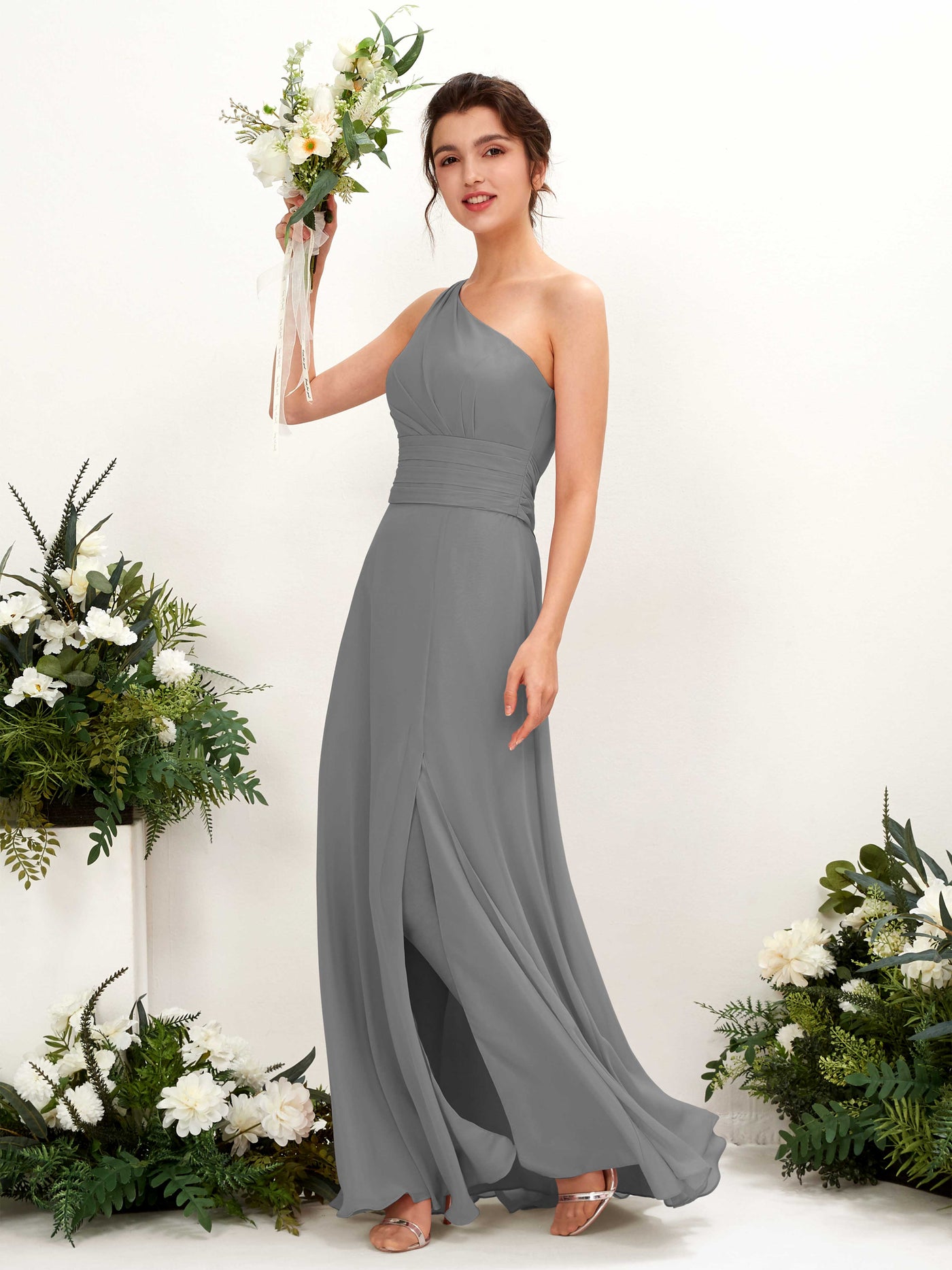 Steel Gray Bridesmaid Dresses Bridesmaid Dress A-line Chiffon One Shoulder Full Length Sleeveless Wedding Party Dress (81224720)#color_steel-gray