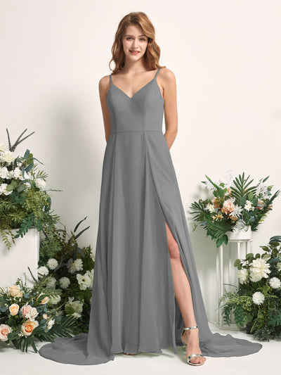 Carlyna Marcia A-Line Steel Gray Bridesmaid Dress Maxi Sleeveless V-Neck Dress Front View #color_steel-gray