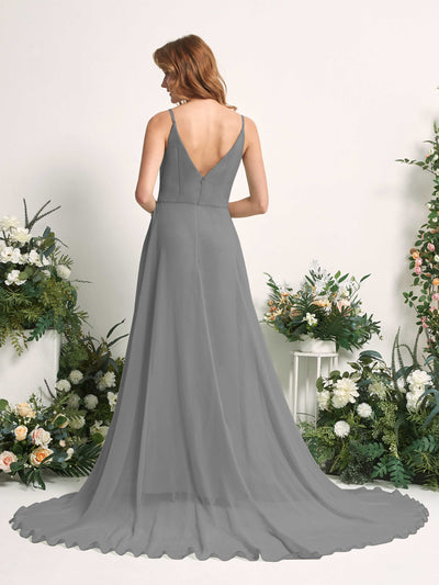 Carlyna Marcia A-Line Steel Gray Bridesmaid Dress Maxi Sleeveless V-Neck Dress Back View #color_steel-gray