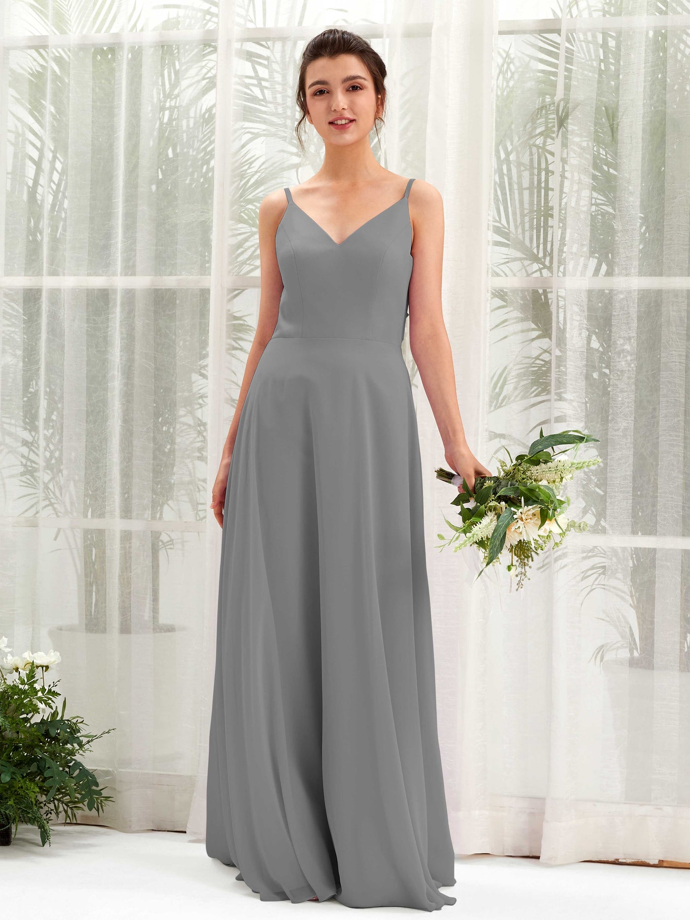 Steel Gray Bridesmaid Dresses Bridesmaid Dress A-line Chiffon Spaghetti-straps Full Length Sleeveless Wedding Party Dress (81220620)#color_steel-gray