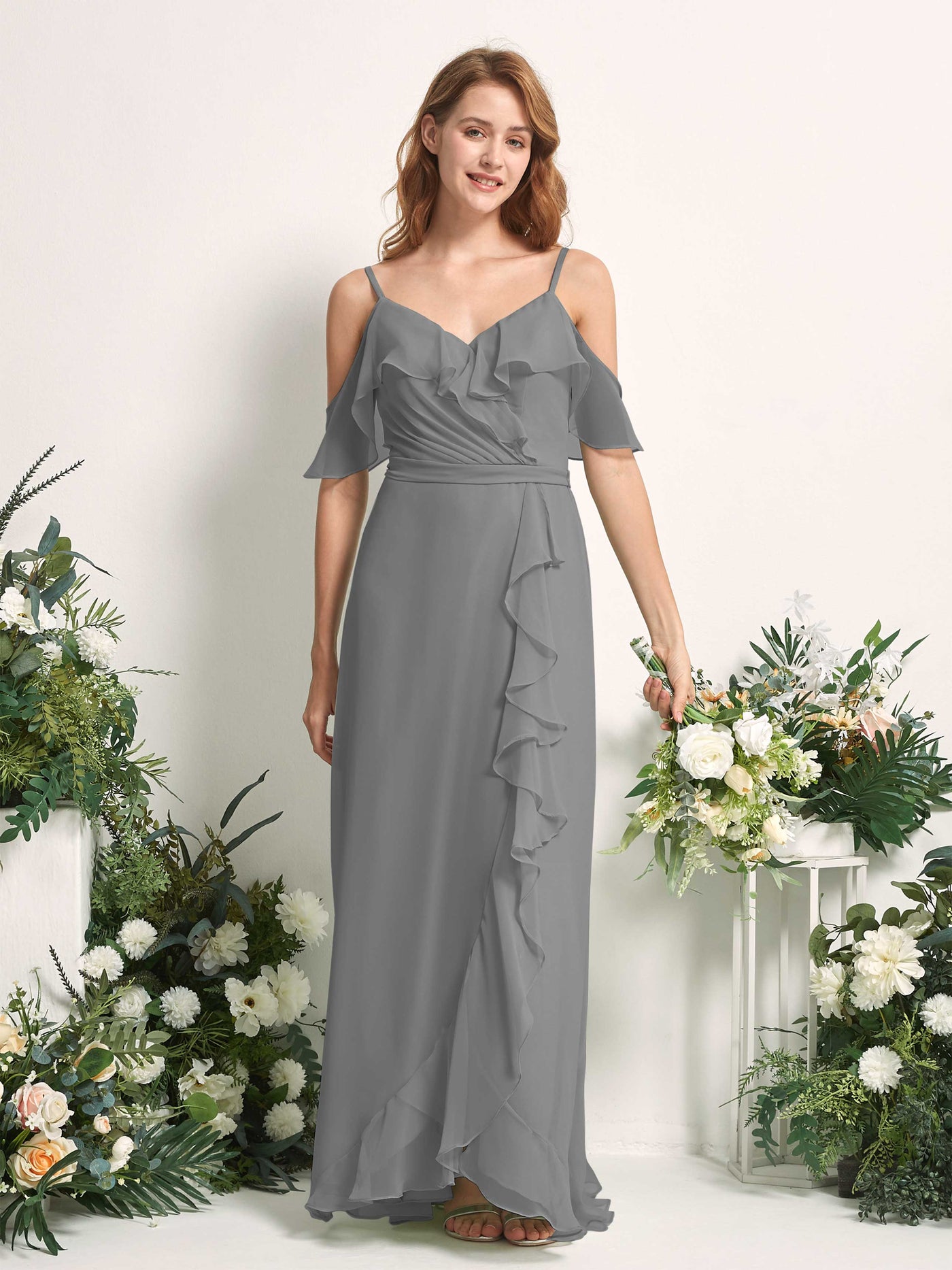 Bridesmaid Dress A-line Chiffon Spaghetti-straps Full Length Sleeveless Wedding Party Dress - Steel Gray (81227420)#color_steel-gray