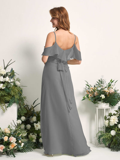 Carlyna Yvette A-Line Steel Gray Bridesmaid Dress Maxi Sleeveless V-Neck Dress Back View #color_steel-gray